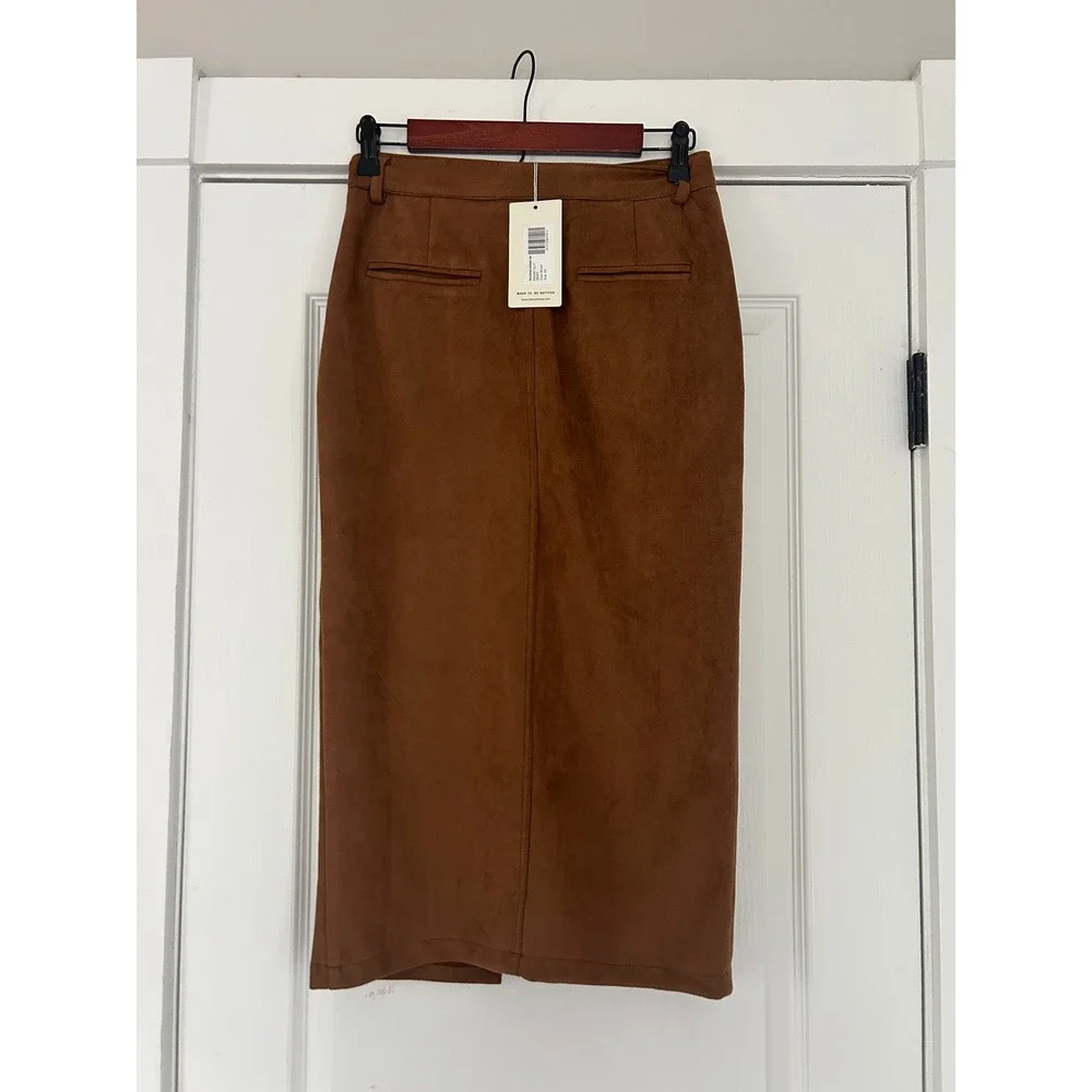 The Noli Front Slit Midi Skirt‎ Faux Suede Pencil Brown Size XS